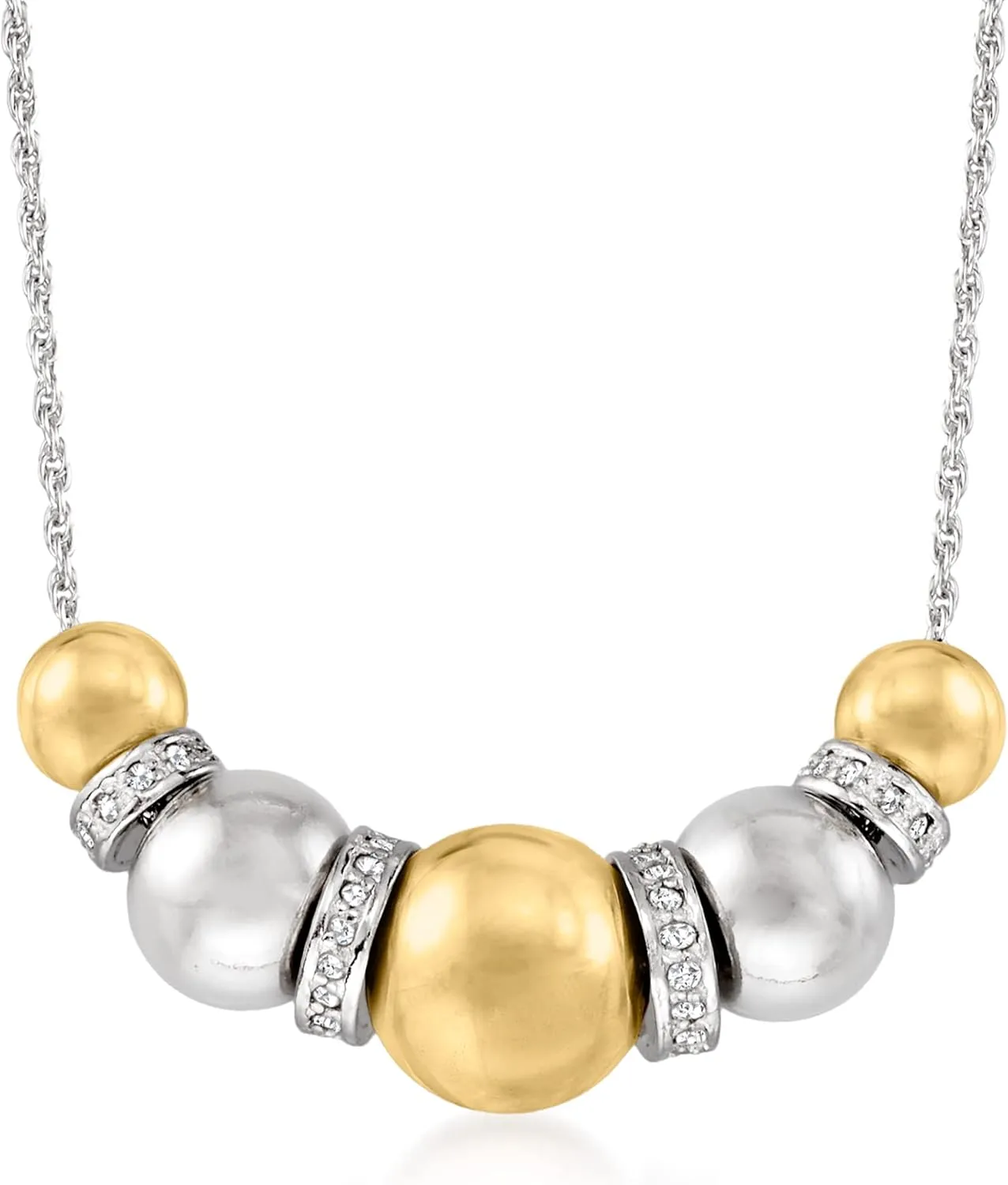 Ross-Simons Sterling Silver and 14kt Yellow Gold Bead Necklace With .35 ct. t.w. Diamonds