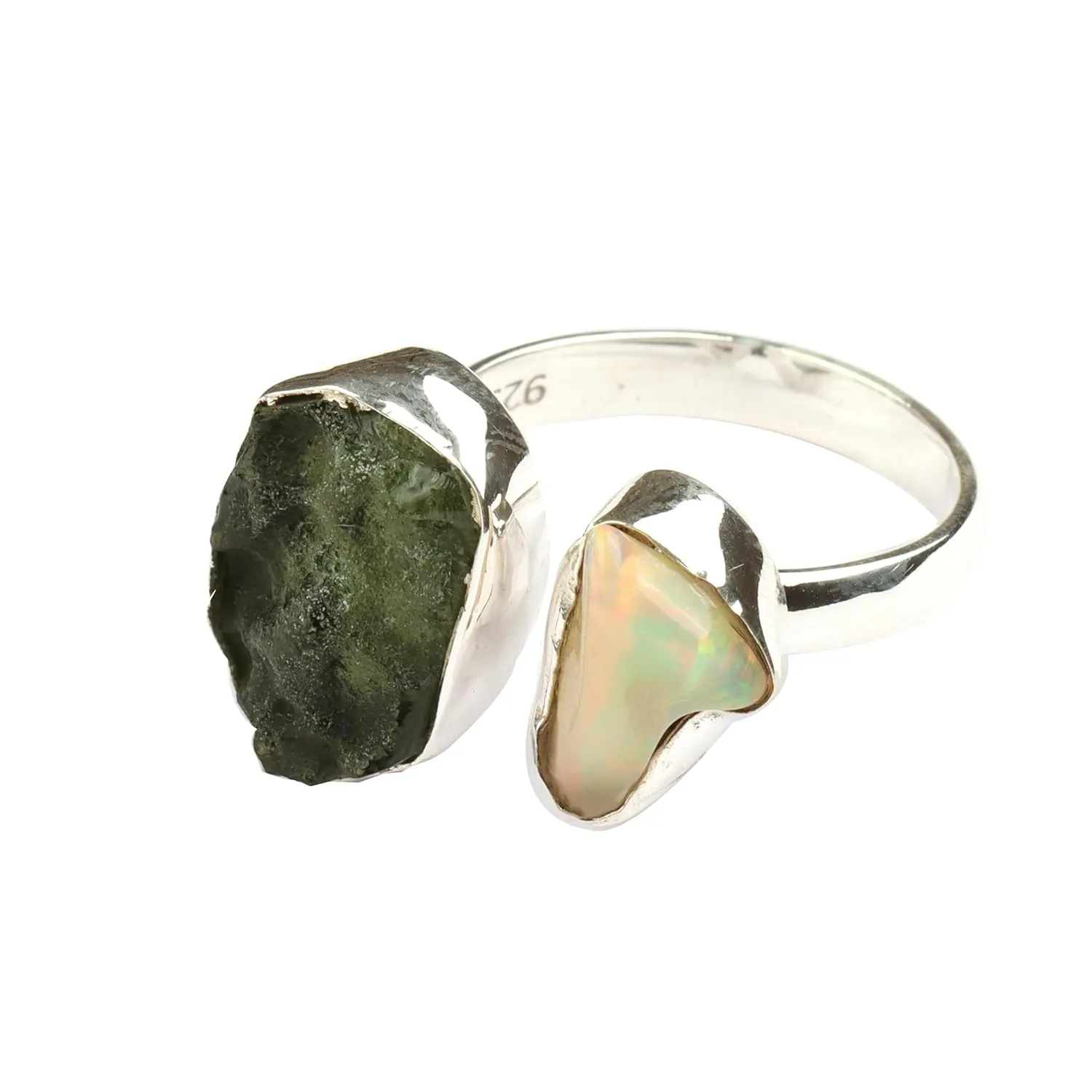 Rough Moldavite Ring & Ethiopian Opal Ring Natural Gemstone 925 Solid Sterling Silver Handmade Jewelry Ring (10)