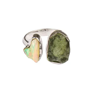Rough Moldavite Ring & Ethiopian Opal Ring Natural Gemstone 925 Solid Sterling Silver Handmade Jewelry Ring (10)