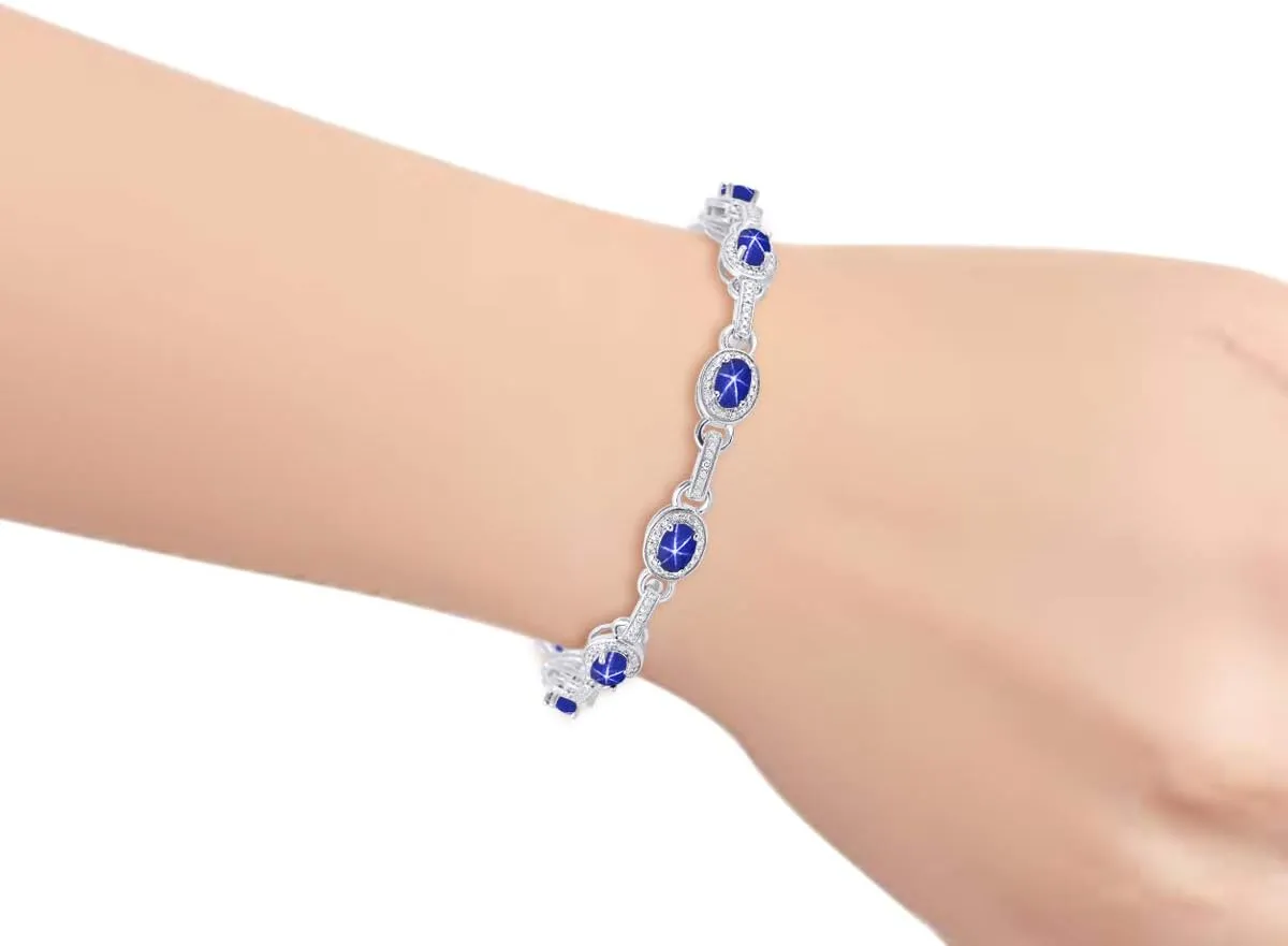 Rylos Tennis Bracelet with Gemstones & Diamond Halo Sterling Silver 925 - Adjustable 7-8" Wrist, 9 Stunning 6x4MM Birthstone Jewelry for Women - Perfect for Friendship and Elegance.