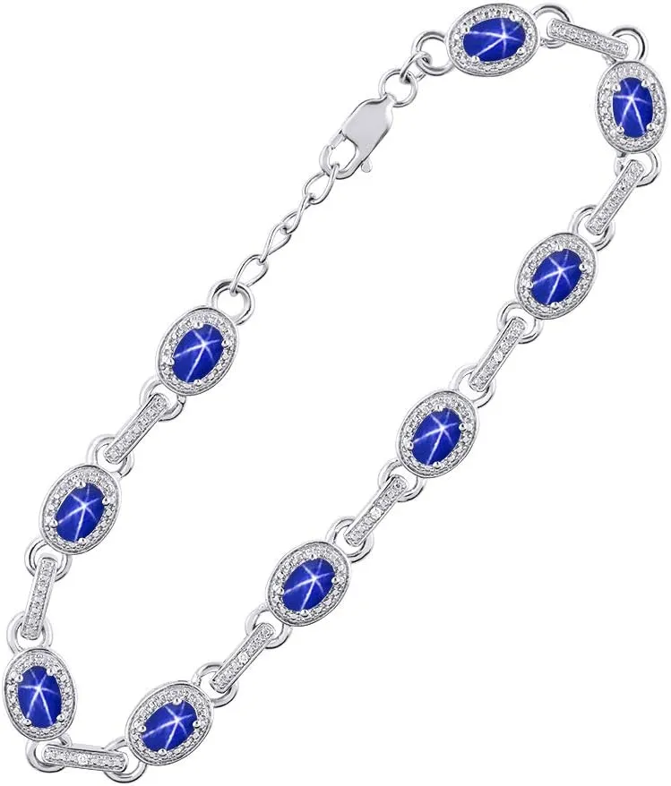 Rylos Tennis Bracelet with Gemstones & Diamond Halo Sterling Silver 925 - Adjustable 7-8" Wrist, 9 Stunning 6x4MM Birthstone Jewelry for Women - Perfect for Friendship and Elegance.