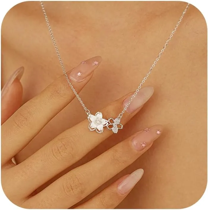 S925 Sterling Silver Dainty White Flower Necklace to Dauhghter Mother,14k Gold Plated Cubic Zirconia Flowers Necklace for Women Hypoallergenic Adjustable Chain Wedding Jewelry,Graduation Gifts