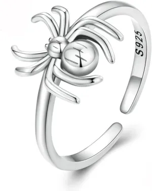 S925 Sterling Silver Spider Ring for Women Men Cute Statement Open Adjustable Stacking Rings Punk Animal Fashion Finger Personalized Spiders Birthday Jewelry Gifts Best Friend Costume Party Halloween