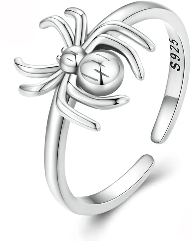 S925 Sterling Silver Spider Ring for Women Men Cute Statement Open Adjustable Stacking Rings Punk Animal Fashion Finger Personalized Spiders Birthday Jewelry Gifts Best Friend Costume Party Halloween
