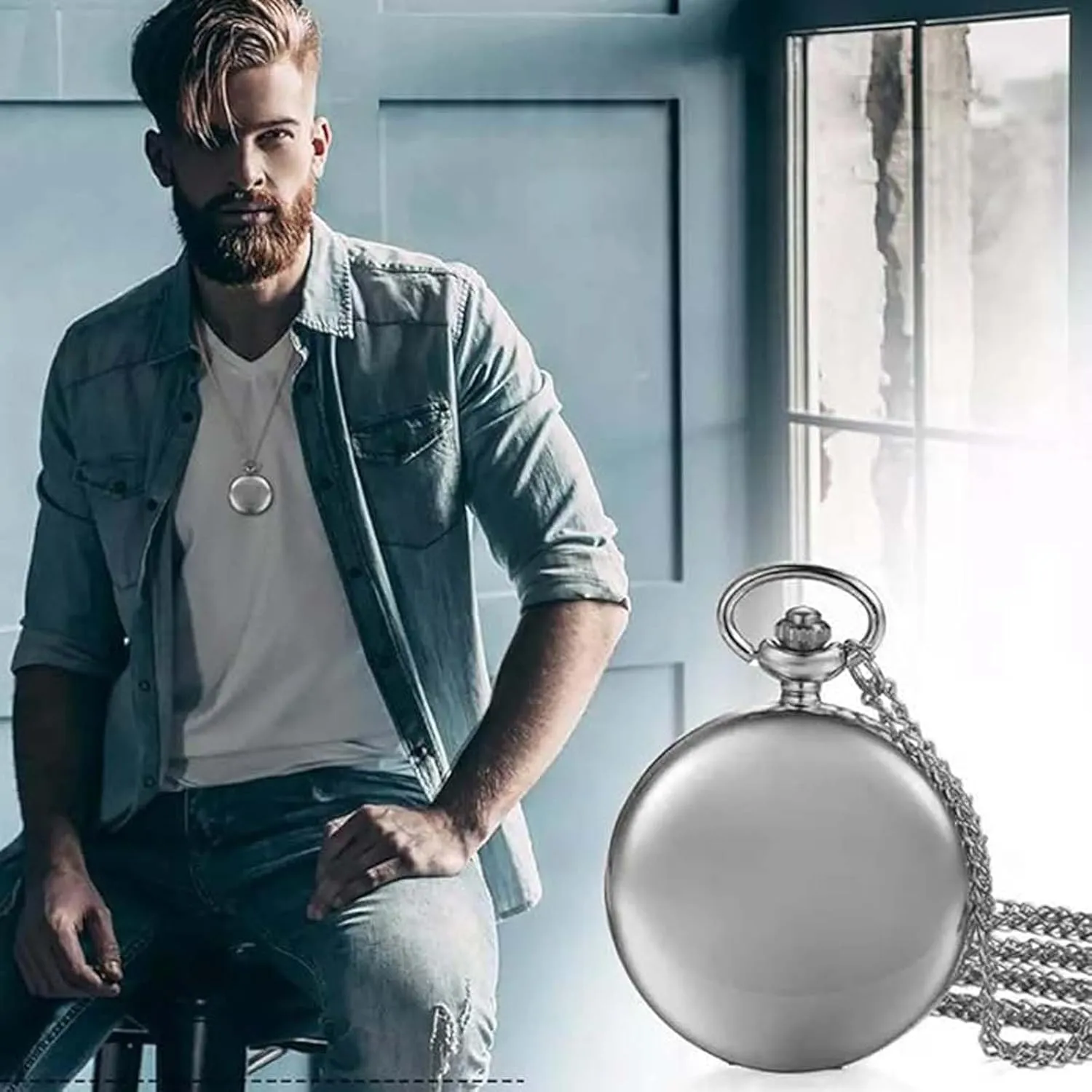 Set of 2 Classic Pocket Watch with Chain for Men and Women