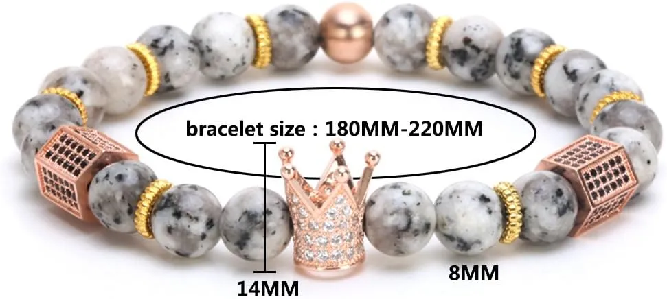 SEVENSTONE 8mm Crown King Charm Bracelet for Men Women Black Matte Onyx Stone Beads, 7.5"