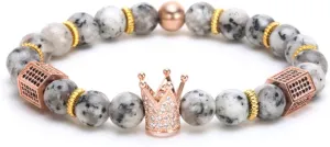 SEVENSTONE 8mm Crown King Charm Bracelet for Men Women Black Matte Onyx Stone Beads, 7.5"
