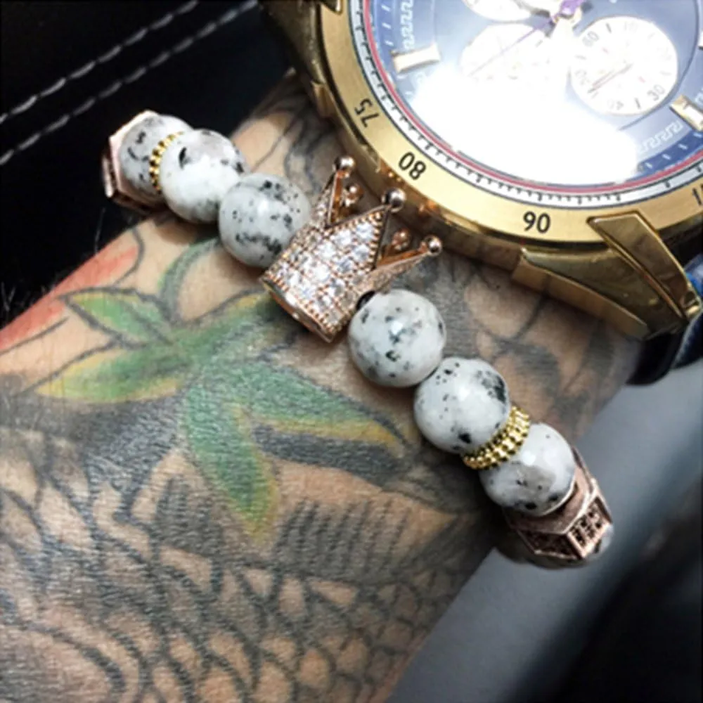 SEVENSTONE 8mm Crown King Charm Bracelet for Men Women Black Matte Onyx Stone Beads, 7.5"
