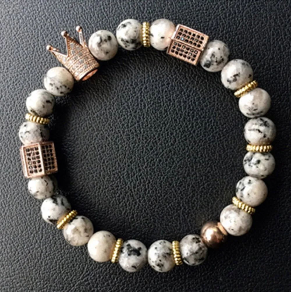 SEVENSTONE 8mm Crown King Charm Bracelet for Men Women Black Matte Onyx Stone Beads, 7.5"