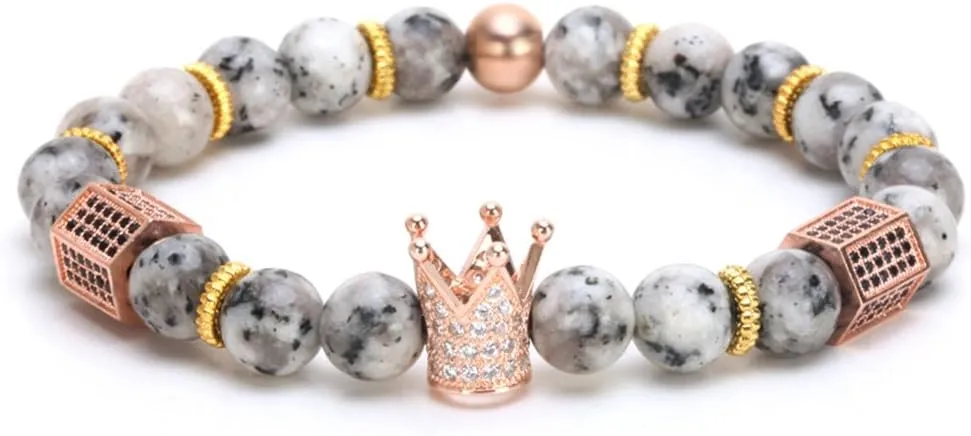 SEVENSTONE 8mm Crown King Charm Bracelet for Men Women Black Matte Onyx Stone Beads, 7.5"