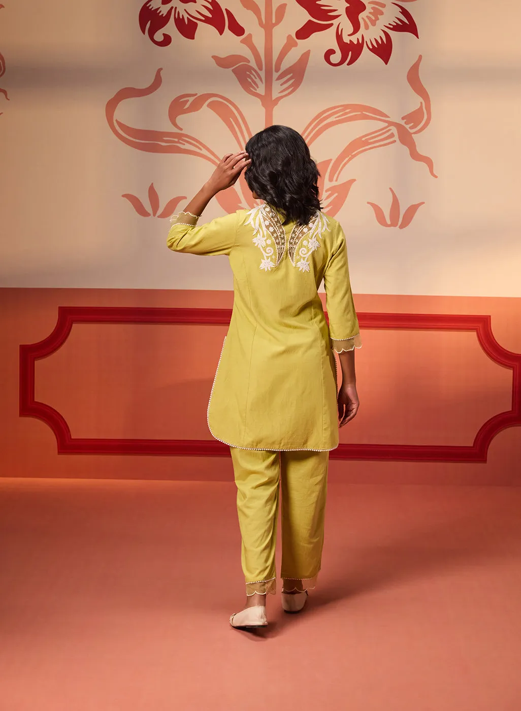 Shehwar Salmon Apple Green Embroidered Cotton Linen Co-Ord Set For Women