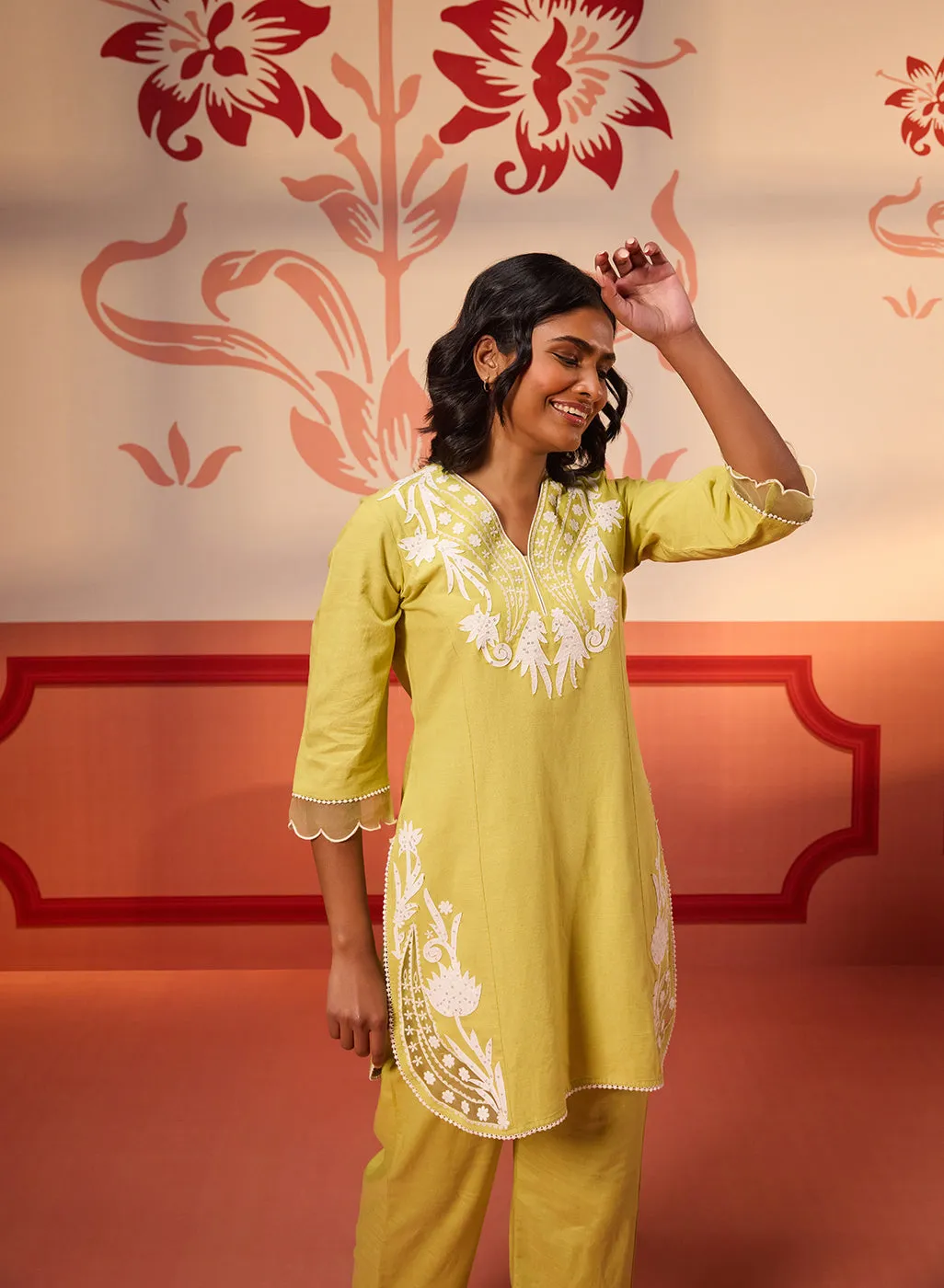 Shehwar Salmon Apple Green Embroidered Cotton Linen Co-Ord Set For Women