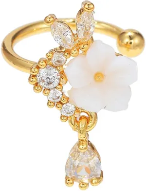 Shell Flower CZ Ear Cuff Cartilage Non Pierced Clip On Earring for Women Dangling Charm Crystal Plum Blossom Fake Huggie Hoop Earrings Open Wrap Hoops Dainty Birthday Jewelry Hypoallergenic