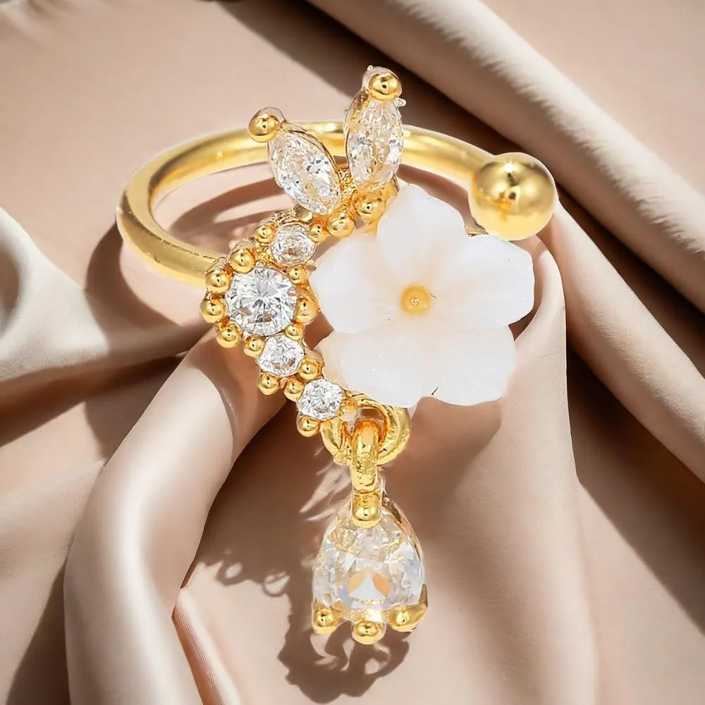 Shell Flower CZ Ear Cuff Cartilage Non Pierced Clip On Earring for Women Dangling Charm Crystal Plum Blossom Fake Huggie Hoop Earrings Open Wrap Hoops Dainty Birthday Jewelry Hypoallergenic