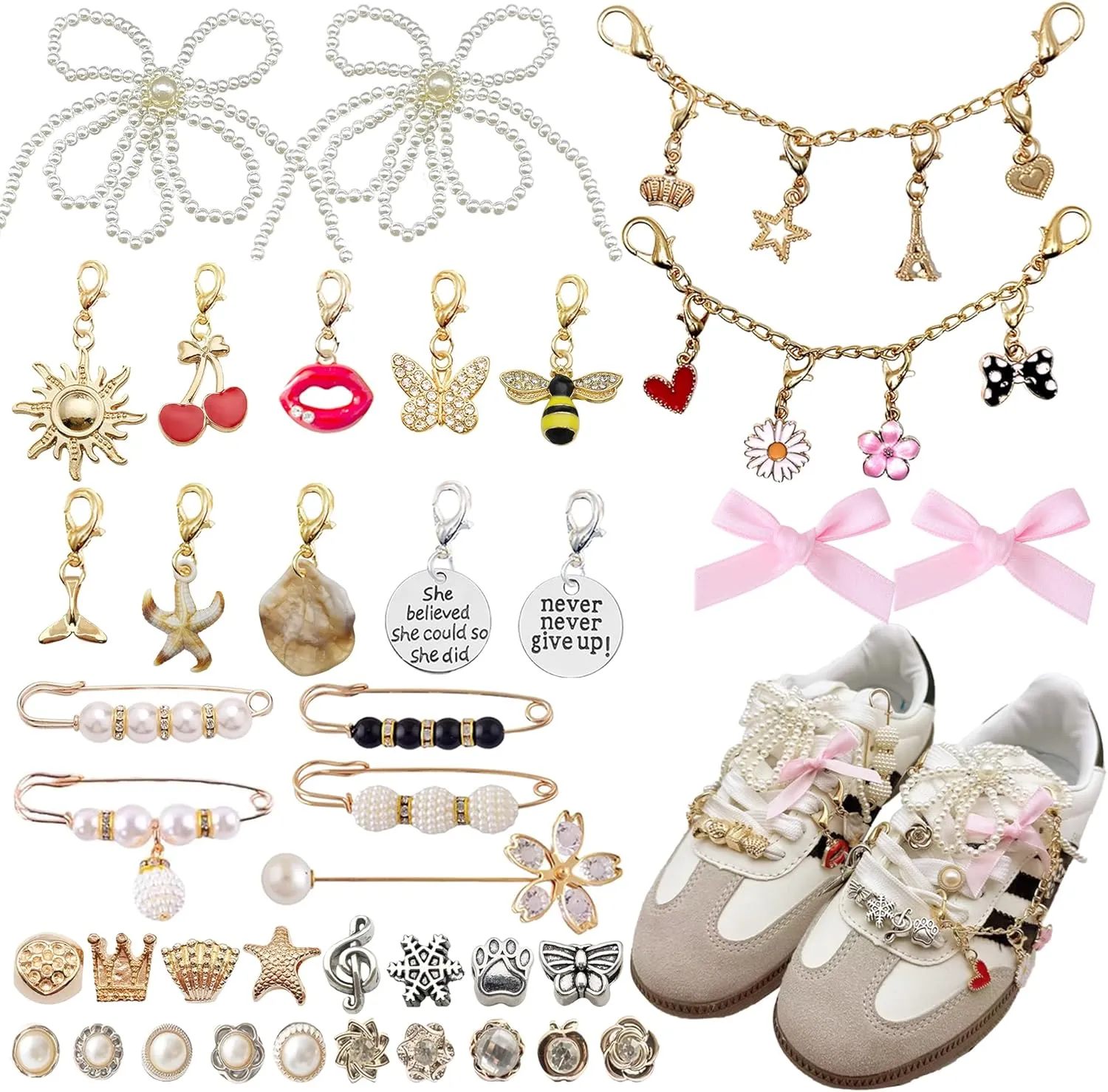Shoe Charms for Sneakers 39 Pcs, Shoelace Junk Socks Charms DIY Brooches and Pins for Women Jewelry