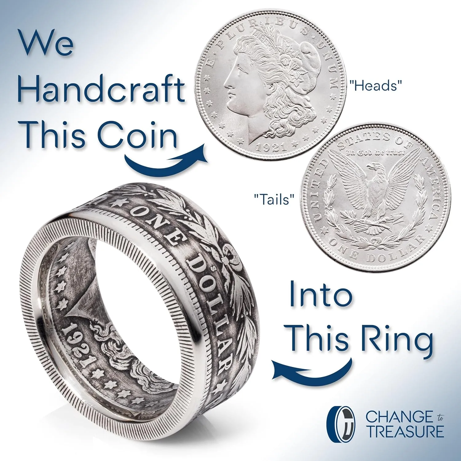 Silver Mens Rings - Handcrafted 1921 Morgan Silver Dollar Rings Made In USA | Men's Rings Silver Crafted from Authentic Silver Coins | Real Silver Rings for Men | Change To Treasure (Patina, 10)