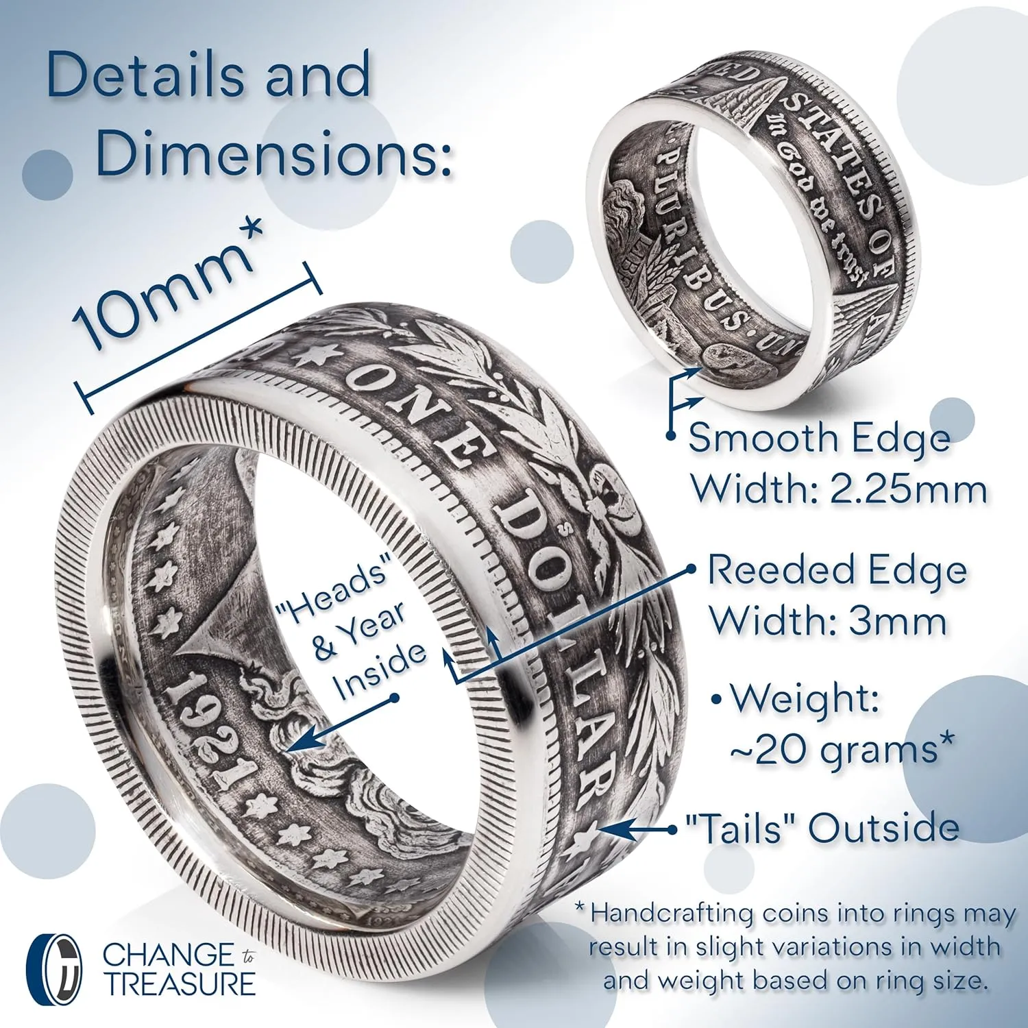 Silver Mens Rings - Handcrafted 1921 Morgan Silver Dollar Rings Made In USA | Men's Rings Silver Crafted from Authentic Silver Coins | Real Silver Rings for Men | Change To Treasure (Patina, 10)