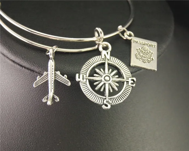 Silver Wanderlust Traveling The World Airplane Compass Passport Charm Wire Wrapped Bangle Bracelet Traveler Jewellery