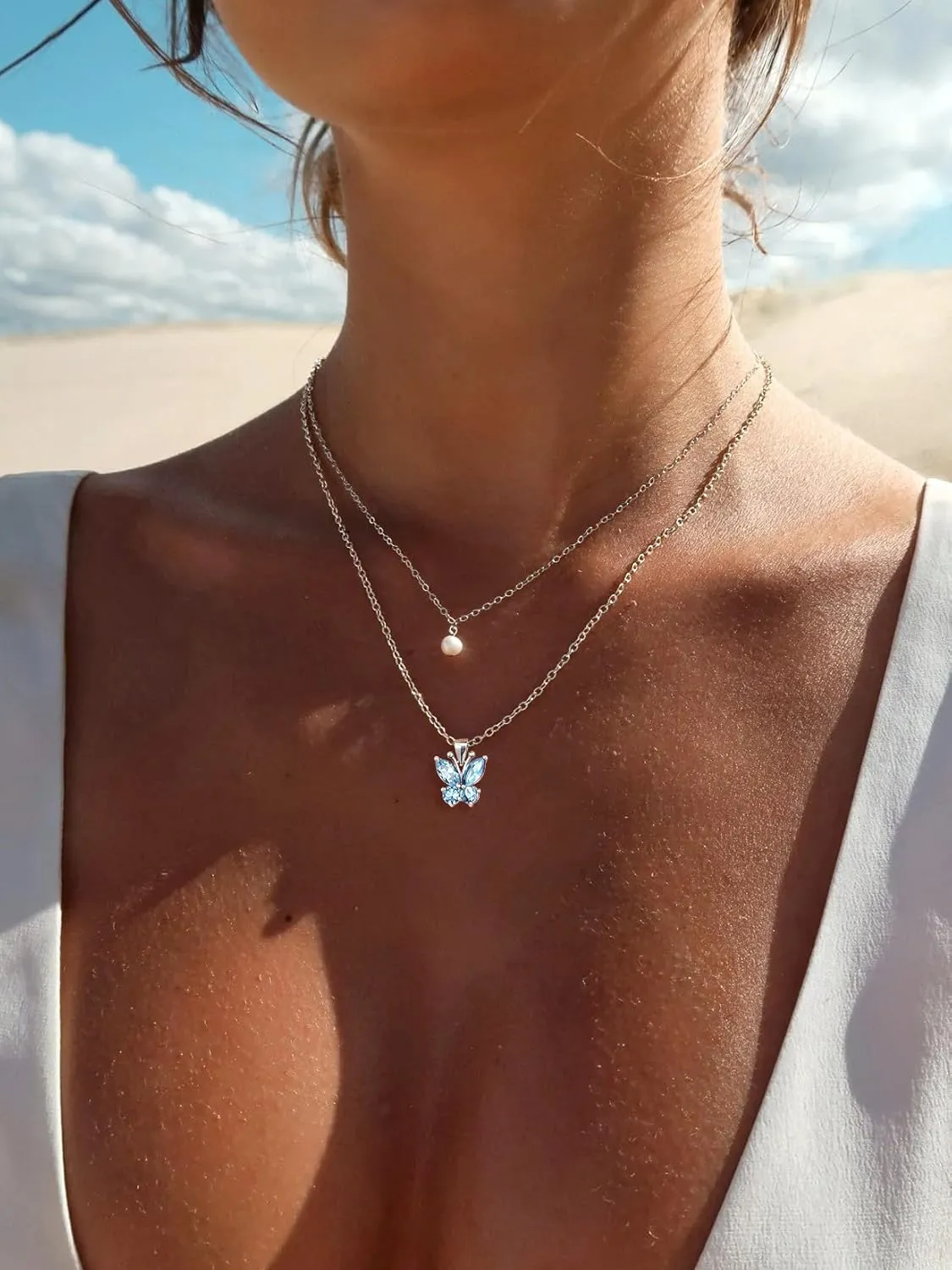 SILVERCUTE Butterfly Earrings Necklace Ring, 925 Sterling Silver Cute Ear Cuffs/Stackable Rings/Stud Earrings for Women Teen Girls -Stunning CZ Birthstone Butterfly Jewelry Gift with Box