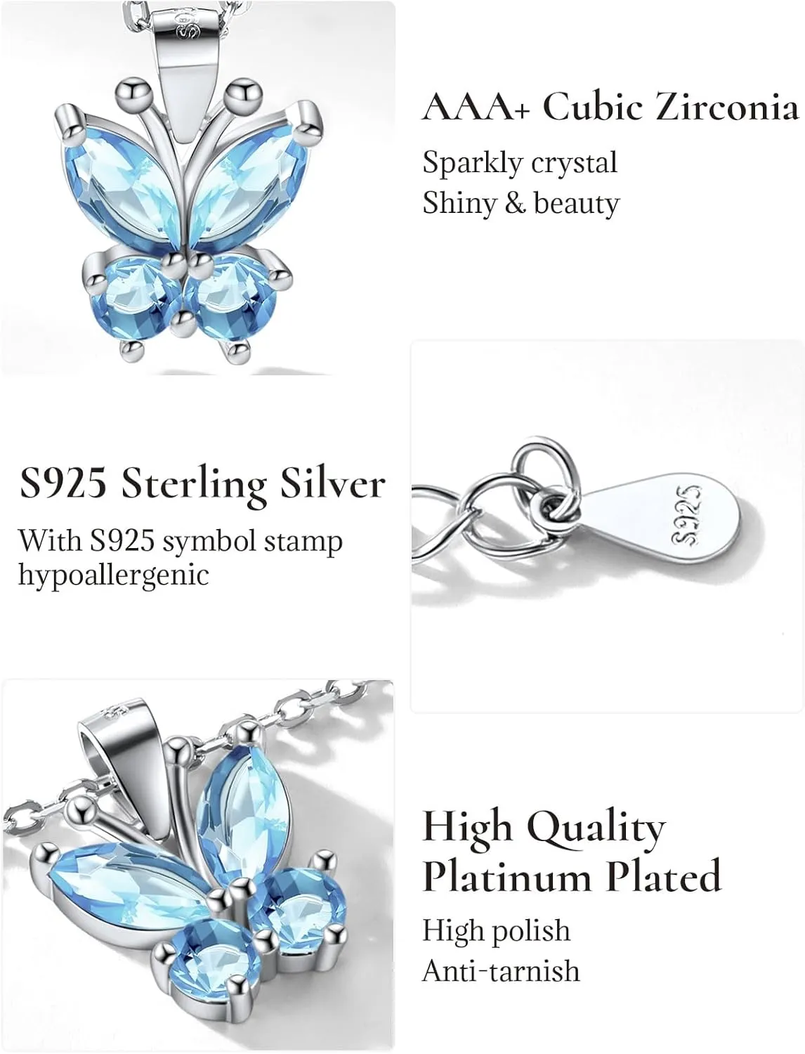 SILVERCUTE Butterfly Earrings Necklace Ring, 925 Sterling Silver Cute Ear Cuffs/Stackable Rings/Stud Earrings for Women Teen Girls -Stunning CZ Birthstone Butterfly Jewelry Gift with Box
