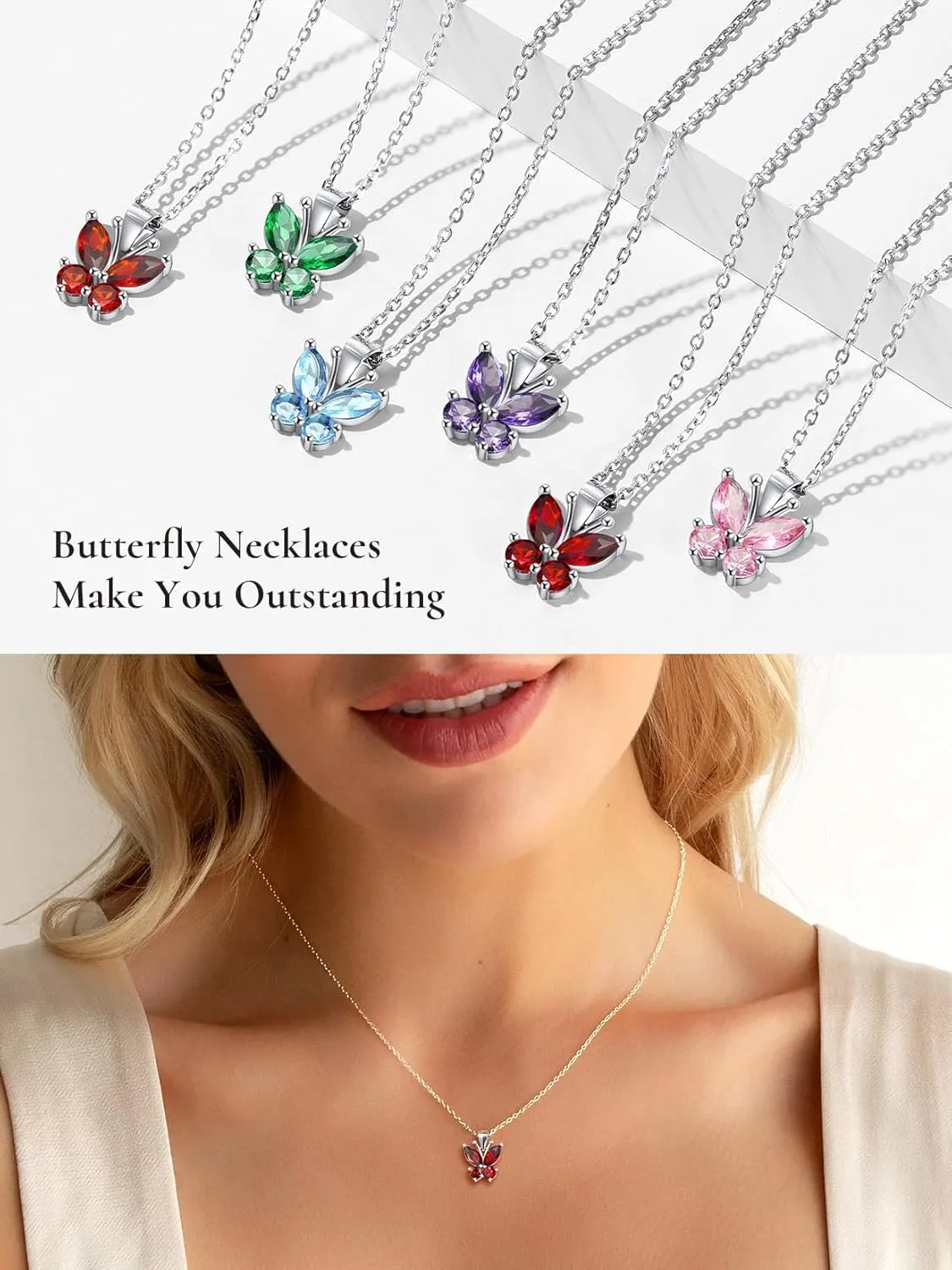 SILVERCUTE Butterfly Earrings Necklace Ring, 925 Sterling Silver Cute Ear Cuffs/Stackable Rings/Stud Earrings for Women Teen Girls -Stunning CZ Birthstone Butterfly Jewelry Gift with Box