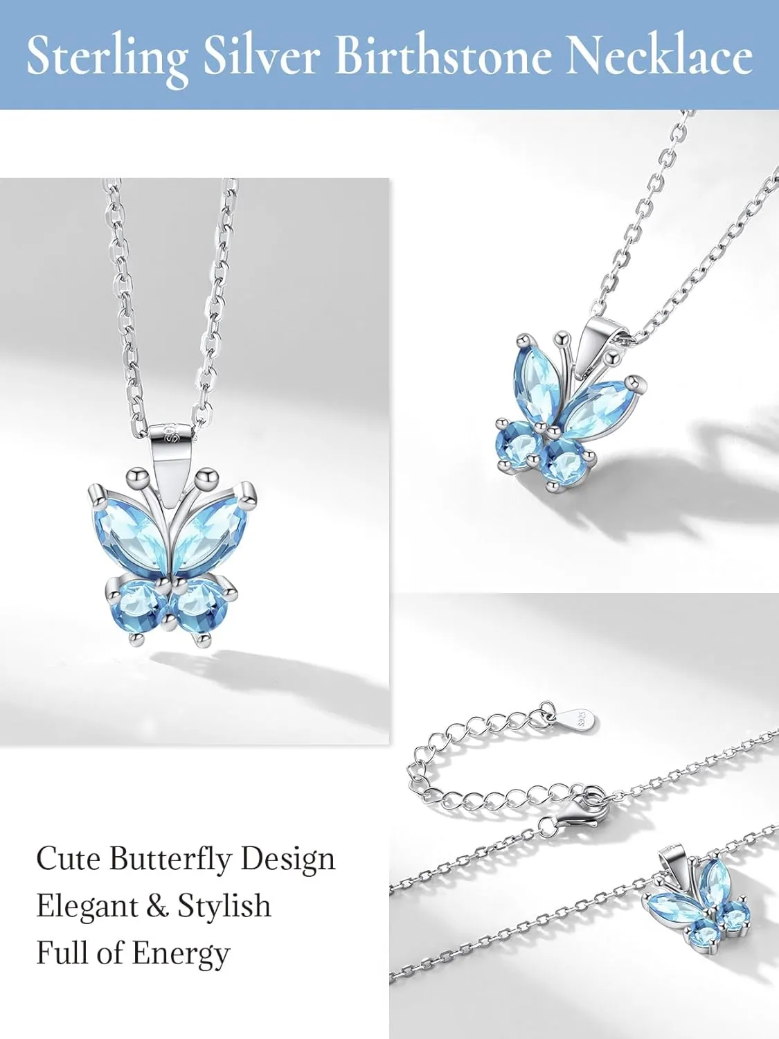 SILVERCUTE Butterfly Earrings Necklace Ring, 925 Sterling Silver Cute Ear Cuffs/Stackable Rings/Stud Earrings for Women Teen Girls -Stunning CZ Birthstone Butterfly Jewelry Gift with Box