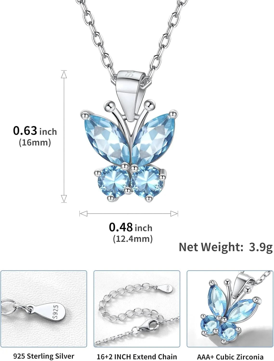 SILVERCUTE Butterfly Earrings Necklace Ring, 925 Sterling Silver Cute Ear Cuffs/Stackable Rings/Stud Earrings for Women Teen Girls -Stunning CZ Birthstone Butterfly Jewelry Gift with Box