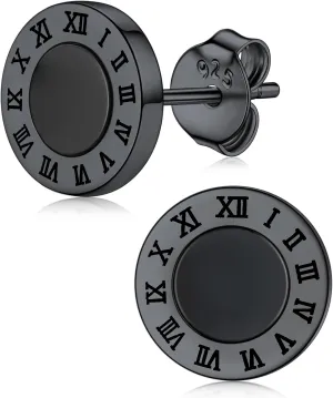 Silvora 925 Sterling Silver Roman Numerals Black Onyx Earrings For Men Women Men Earring Stud