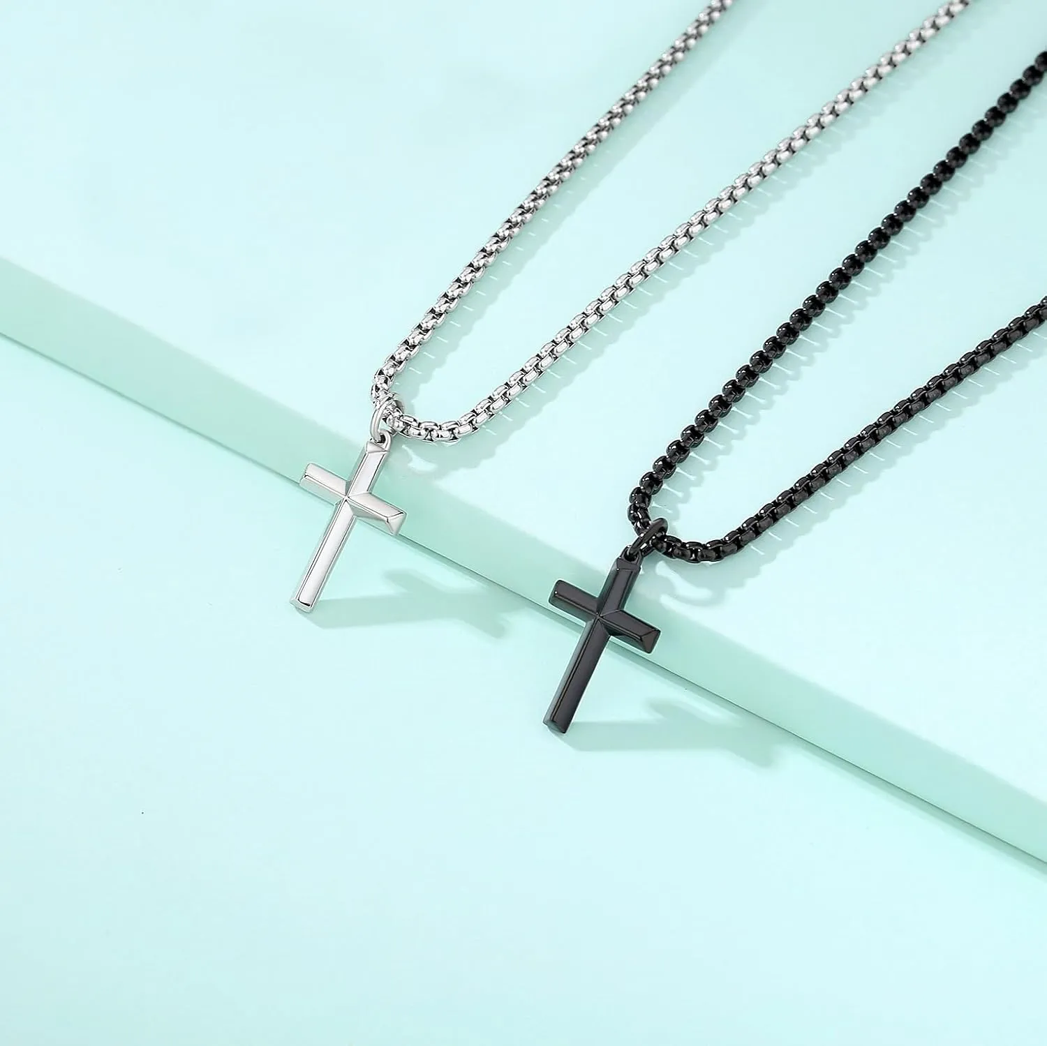 Simple Silver Cross Necklace for Men, Stainless Steel Mens Cross Pendant Chain Necklace for Women Black Gold Rolo Link Chain 16-24 Inch Birthday Gift for Women Man