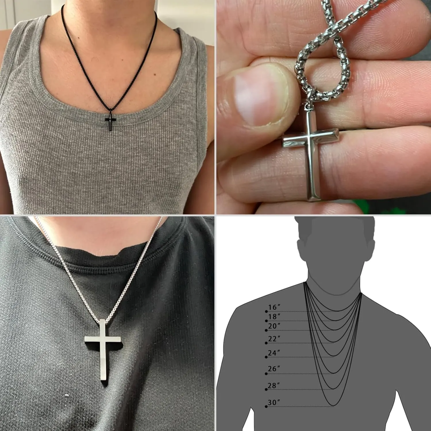 Simple Silver Cross Necklace for Men, Stainless Steel Mens Cross Pendant Chain Necklace for Women Black Gold Rolo Link Chain 16-24 Inch Birthday Gift for Women Man