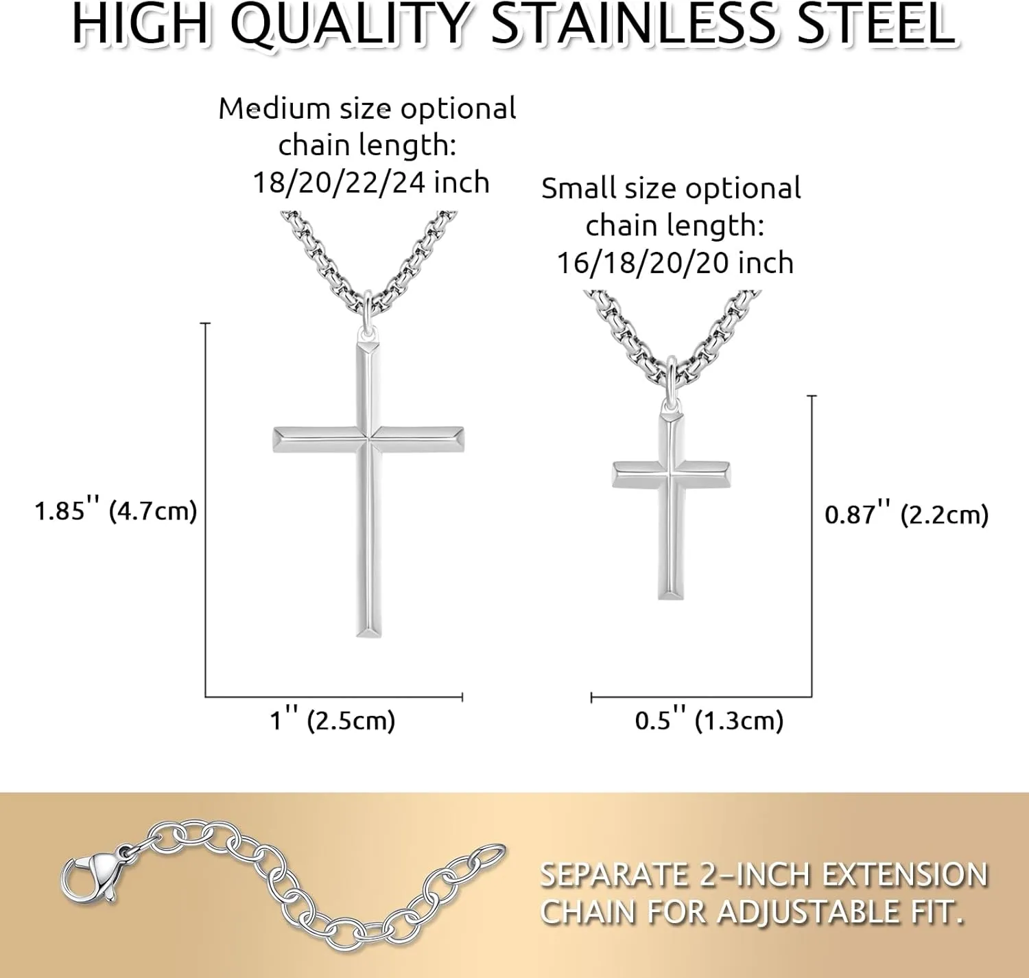Simple Silver Cross Necklace for Men, Stainless Steel Mens Cross Pendant Chain Necklace for Women Black Gold Rolo Link Chain 16-24 Inch Birthday Gift for Women Man