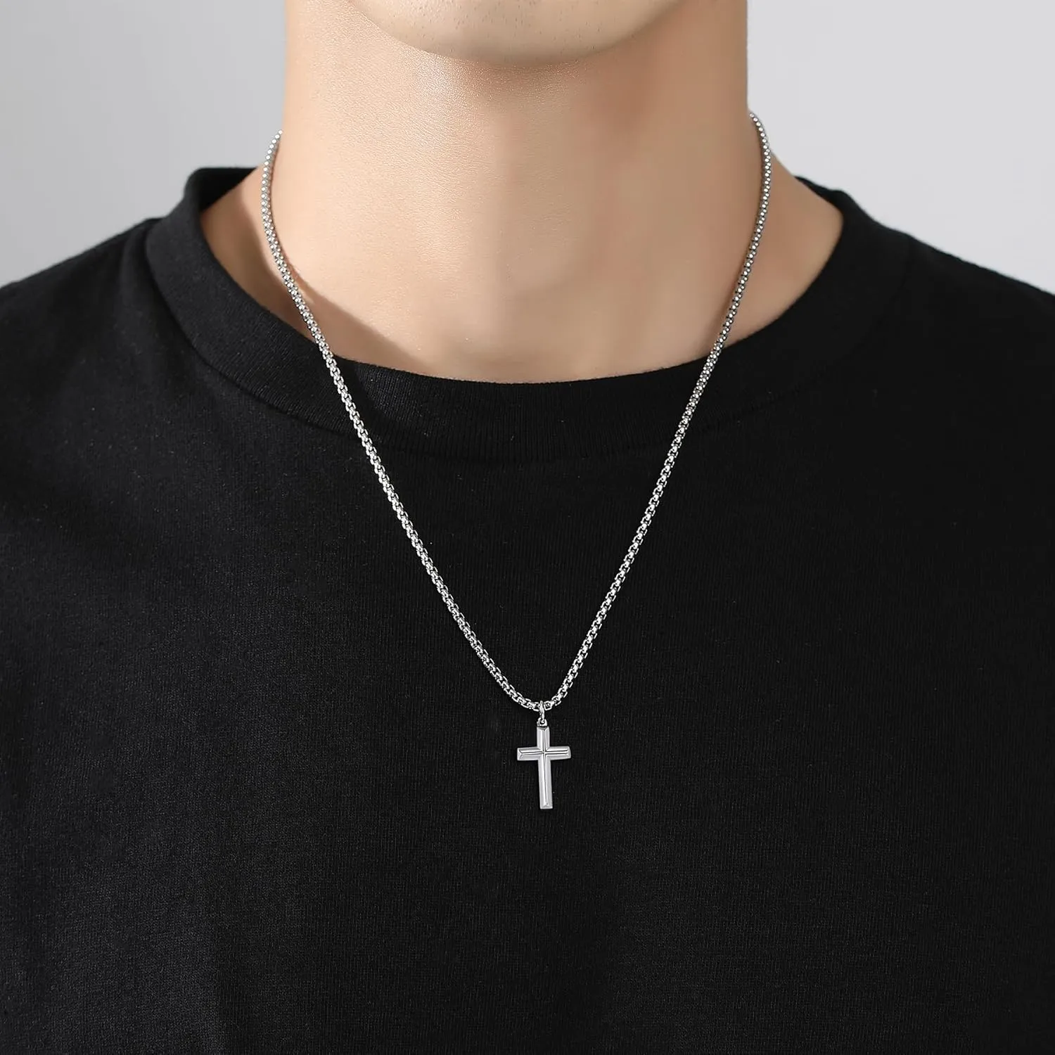 Simple Silver Cross Necklace for Men, Stainless Steel Mens Cross Pendant Chain Necklace for Women Black Gold Rolo Link Chain 16-24 Inch Birthday Gift for Women Man