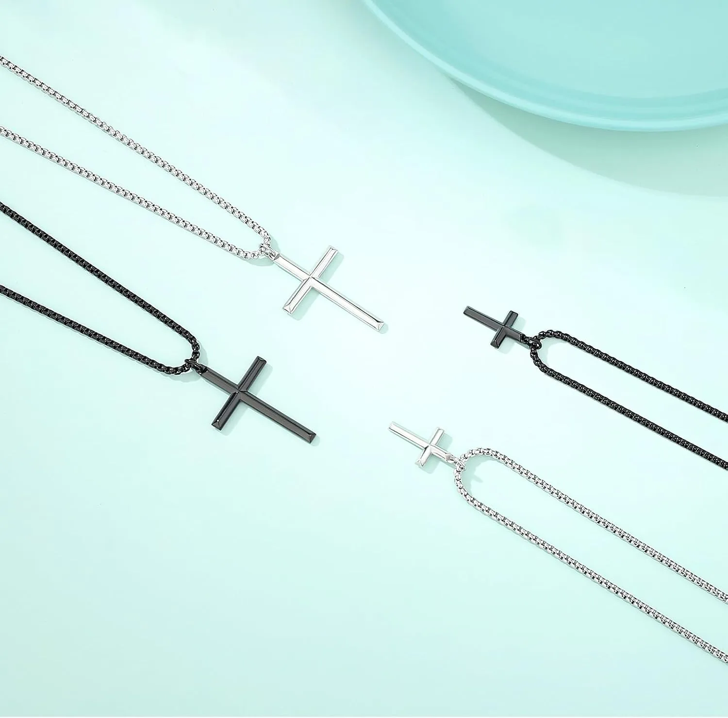 Simple Silver Cross Necklace for Men, Stainless Steel Mens Cross Pendant Chain Necklace for Women Black Gold Rolo Link Chain 16-24 Inch Birthday Gift for Women Man