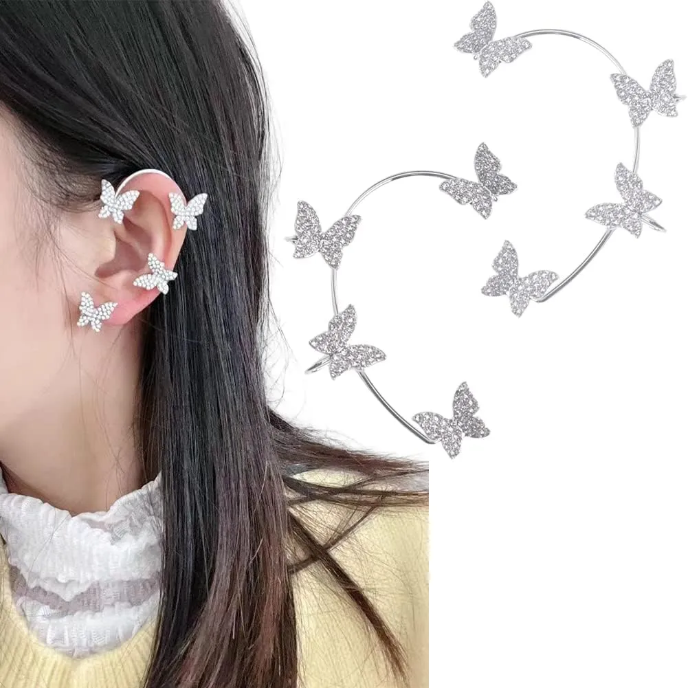 Siver Butterfly Ear Cuff Earrings for Women Girls Zircon Climber Wrap Around Earrings Silver Butterfly Ear Cuffs for Women Non Piercing Glitter Climber Ear Cuff Wrap Clip for Women