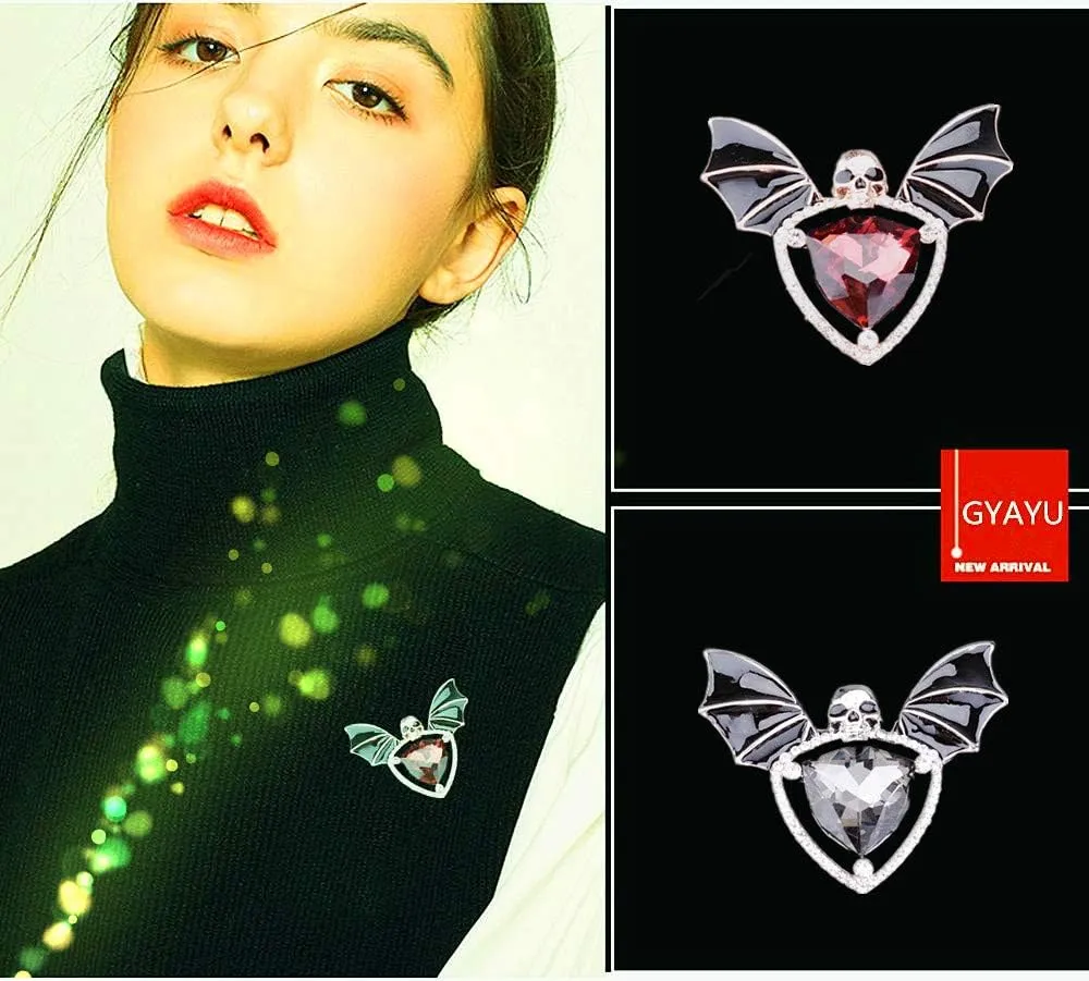 Skull Enamel Pins,Gothic Batwing Rhinestone Crystal Brooch Pins for Women Girls