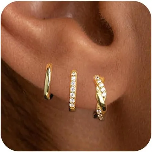 Small Gold Hoop Earrings Set for Women, 14K Gold Plated Stack Hypoallergenic Huggie Hoop Earrings for Women Trendy Dainty Cartilage Cubic Zirconia Earrings Multiple Piercing Jewelry Gifts