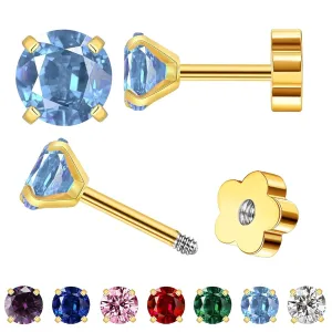 Small Gold Stud Flat Back Earrings for Women Girls, 14k Gold Plated Cubic Zirconia Screw Back Tiny Earrings, Hypoallergenic Flatback Dainty Cartilage Earring Jewelry Gifts for Teen Men(Aquamarine)