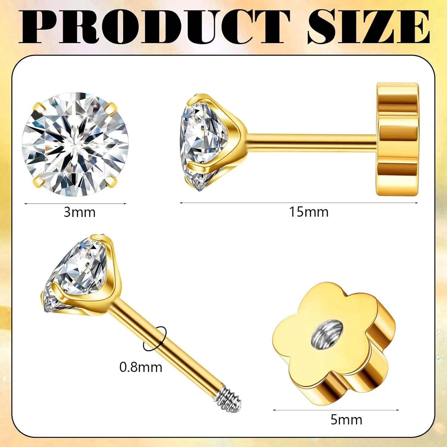 Small Gold Stud Flat Back Earrings for Women Girls, 14k Gold Plated Cubic Zirconia Screw Back Tiny Earrings, Hypoallergenic Flatback Dainty Cartilage Earring Jewelry Gifts for Teen Men(Aquamarine)