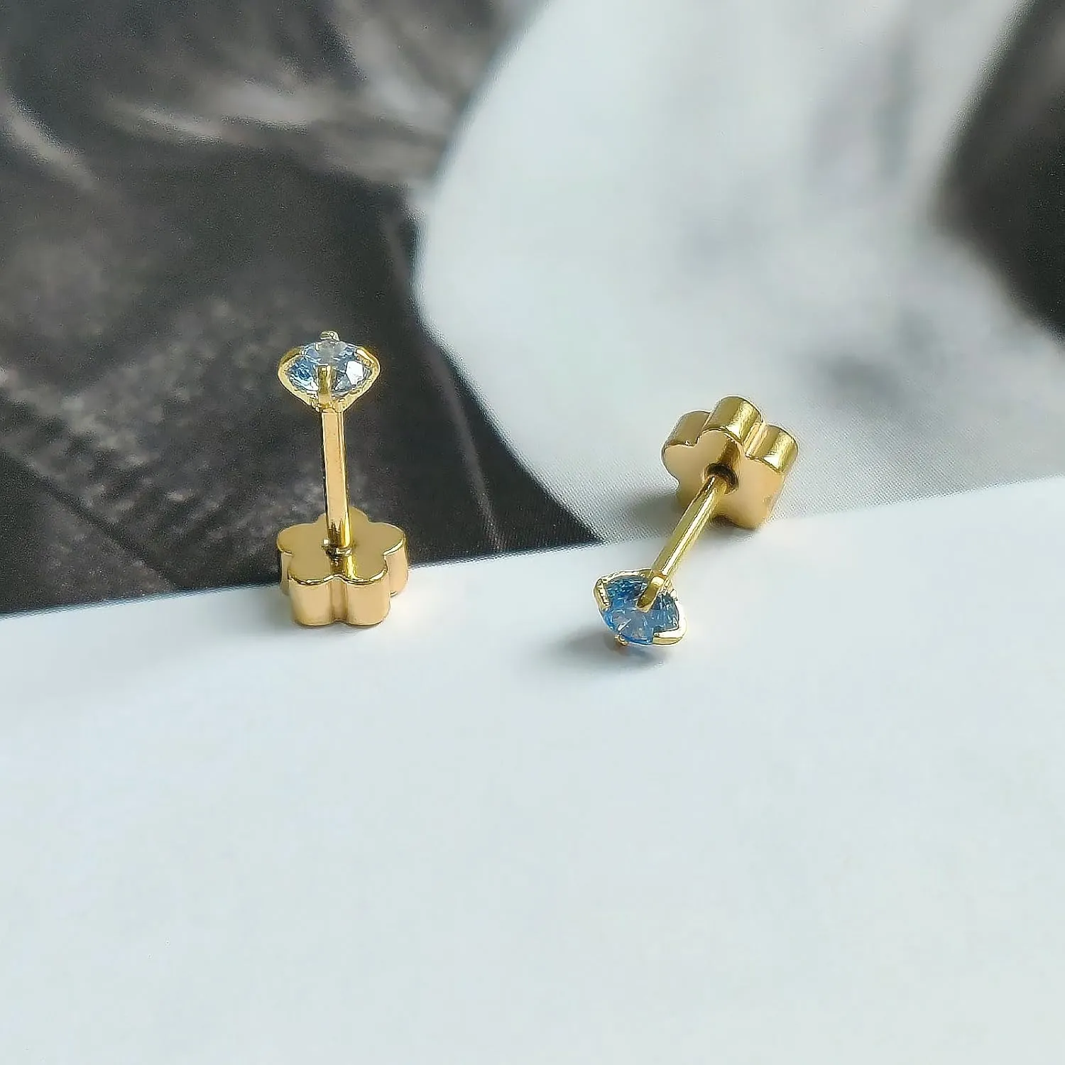Small Gold Stud Flat Back Earrings for Women Girls, 14k Gold Plated Cubic Zirconia Screw Back Tiny Earrings, Hypoallergenic Flatback Dainty Cartilage Earring Jewelry Gifts for Teen Men(Aquamarine)