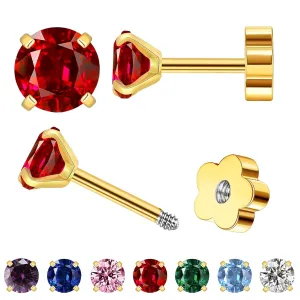 Small Gold Stud Flat Back Earrings for Women Girls, 14K Gold Plated Cubic Zirconia Screw Back Tiny Earrings, Hypoallergenic Flatback Dainty Cartilage Earring Jewelry Gifts for Teen Men(Red Garnet)