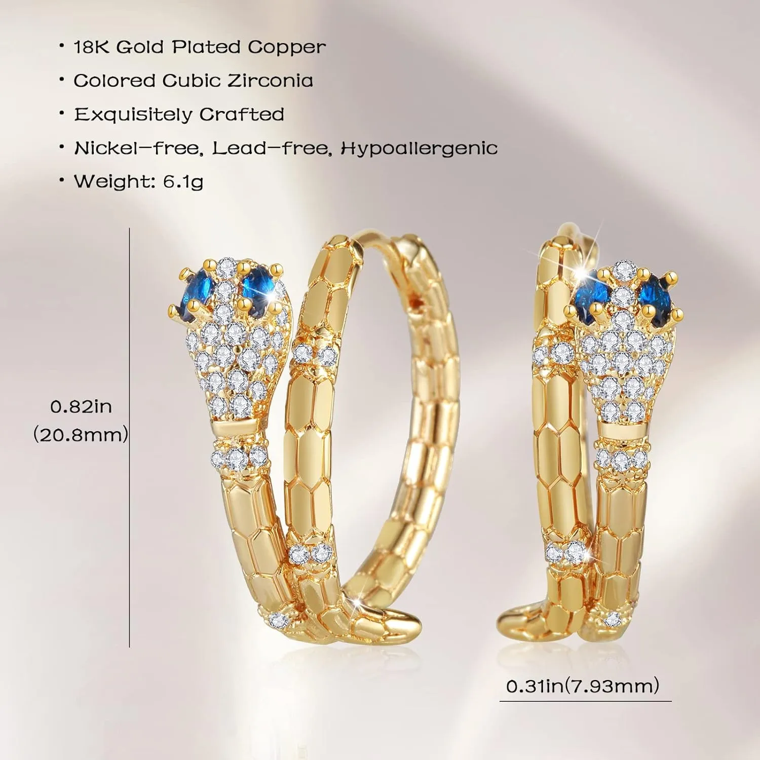 Snake Earrings for Women, 18K Gold Plated Boho Snake Hoop Earrings, Cubic Zirconia Dangle Earrings, Hypoallergenic Hoop Earring Gifts for Her