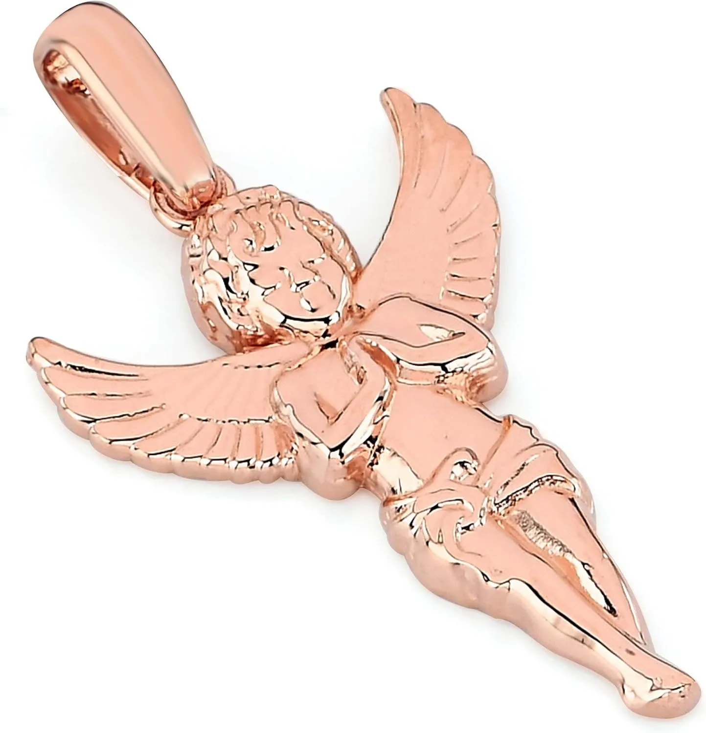 Solid 10k Gold Praying Cherub Wings Angel Pendant Necklace A Heavenly Real Gold Guardian Angel Charm available in Yellow, White, Rose Gold Religious Fine Jewelry Made In USA For Men and Women