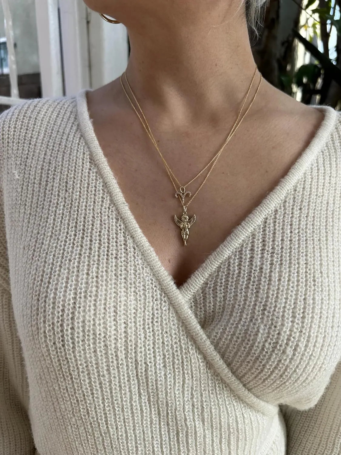 Solid 10k Gold Praying Cherub Wings Angel Pendant Necklace A Heavenly Real Gold Guardian Angel Charm available in Yellow, White, Rose Gold Religious Fine Jewelry Made In USA For Men and Women