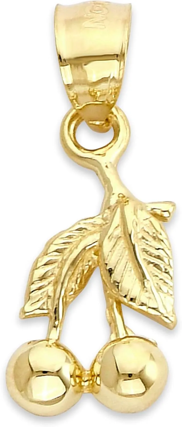 Solid 10K/14K Gold Cherry Pendant with Leaf Detail, Luscious Fruit Necklace Charm, Fine Jewelry