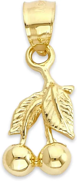Solid 10K/14K Gold Cherry Pendant with Leaf Detail, Luscious Fruit Necklace Charm, Fine Jewelry