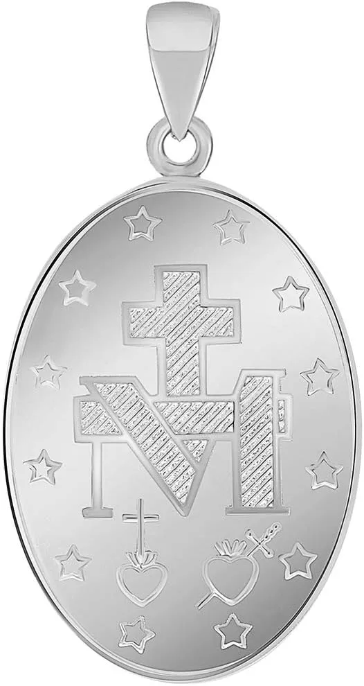 Solid 14k White Gold Small Classic Miraculous Medallion of the Virgin Mary Pendant Necklace