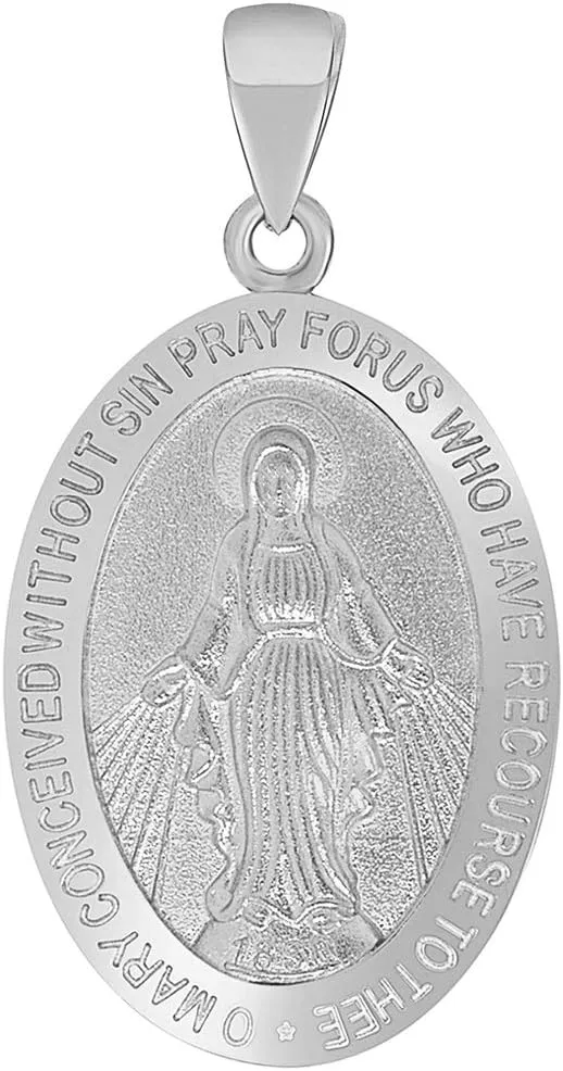 Solid 14k White Gold Small Classic Miraculous Medallion of the Virgin Mary Pendant Necklace