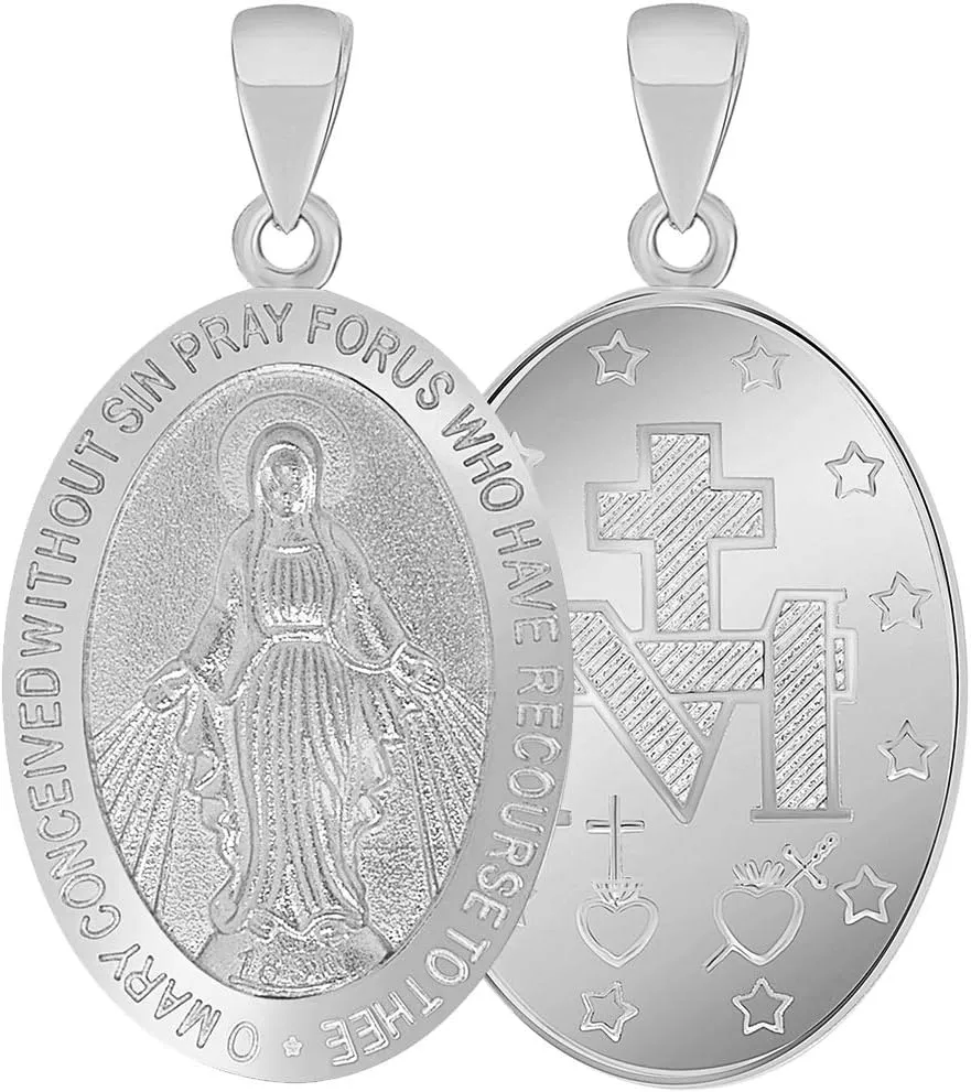 Solid 14k White Gold Small Classic Miraculous Medallion of the Virgin Mary Pendant Necklace