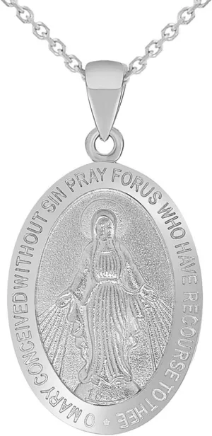 Solid 14k White Gold Small Classic Miraculous Medallion of the Virgin Mary Pendant Necklace
