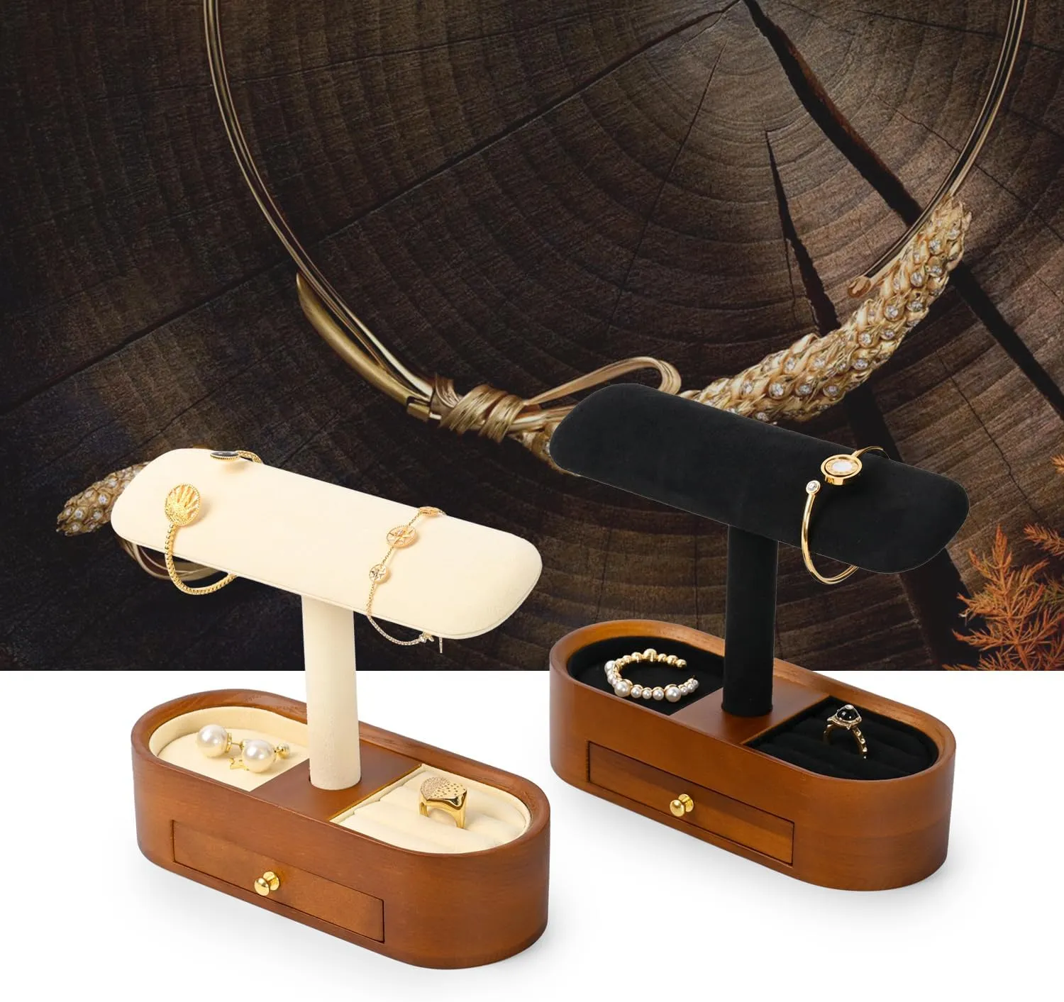 Solid Wood T-Bar Watch Display Stand for Women Men Jewelry Display Props Jewelry Organizer Holder for Watch Bracelet Rings Cufflinks(Black)